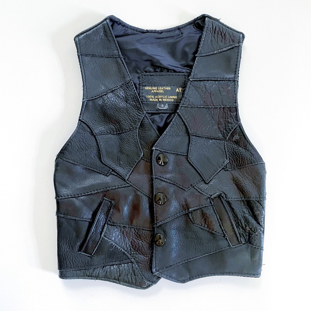 Vintage Kids Black Leather Patchwork Biker Vest Size 6 Retro Americana 70s